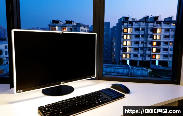 향동동 절전모드 - Photorealistic modern home-office workstation in Hyangdong-dong, a desktop monitor showing a clean d...