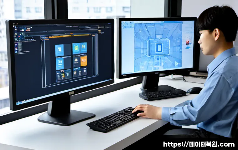 무학동 부팅안됨 - Photorealistic desktop support scene in a compact Muhak-dong office, workstation monitor frozen on a...