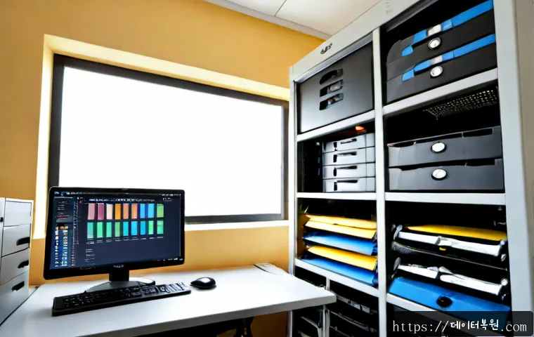 통의동 나스 nas 설정및수리 - Photorealistic NAS repair workstation in a compact Tongui-dong office, technician connecting network...