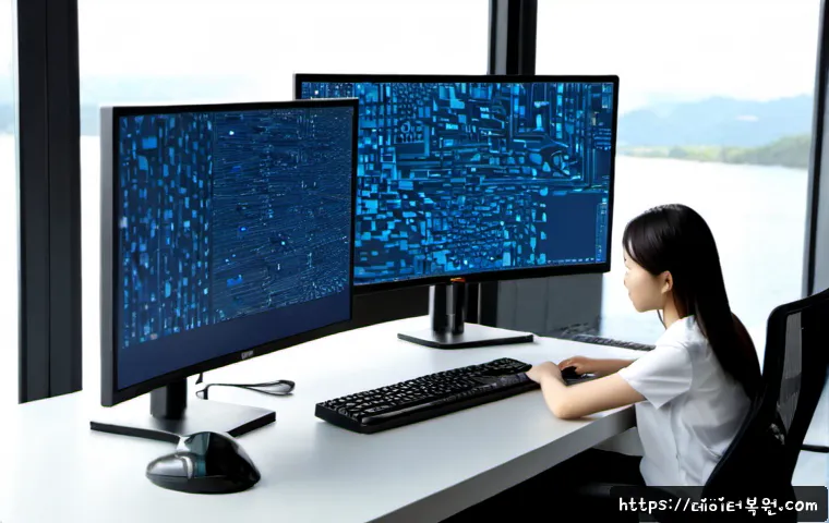 장항동 STATUS_KERNEL_HEAP_CORRUPTION - Photorealistic IT support workstation in a modern lakeside office district, dual monitors showing ab...