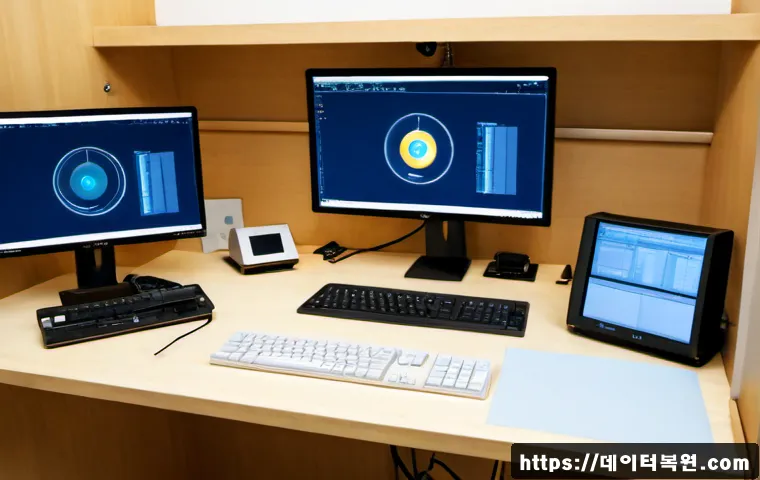 관훈동 INVALID_KERNEL_HANDLE - Photorealistic remote-support workstation in a compact Insadong-area design studio, dual monitors sh...