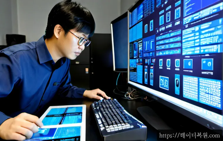 용답동 STATUS_KERNEL_REGISTRY_ERROR - Photorealistic IT support workstation in a compact Yongdap-dong repair office, technician examining ...