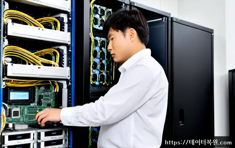 능동 나스 nas 설정및수리 - Photorealistic IT technician configuring a compact multi-bay NAS on a clean office workstation, open...