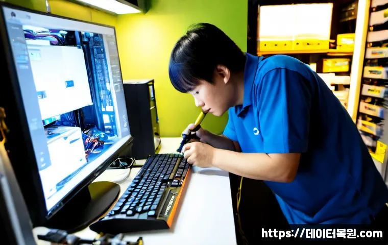 남창동 VGA조립 및 교체수리 - Photorealistic compact computer repair workstation in Namchang-dong, technician carefully installing...