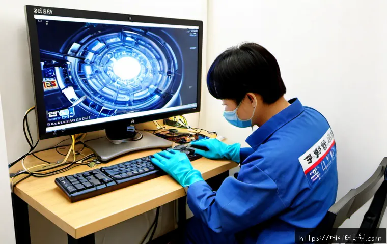 창전동 HDD조립 및 교체수리 - Photorealistic computer repair bench in a compact Changjeon-dong apartment workspace, technician wea...