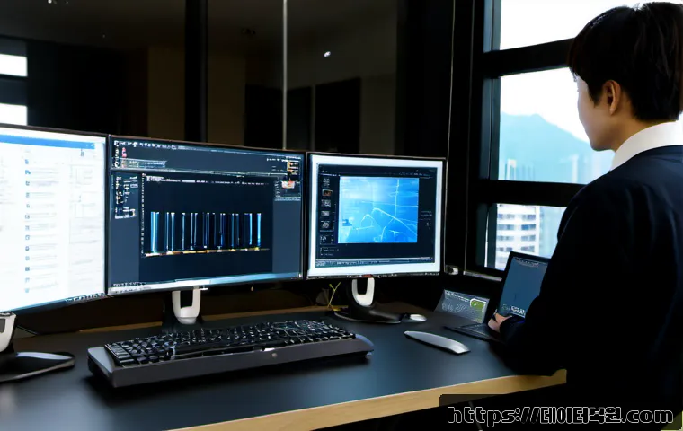 답십리동 STATUS_KERNEL_MEMORY_LEAK - Photorealistic IT support workstation in a compact Dapsimni-dong office, dual monitors showing abstr...