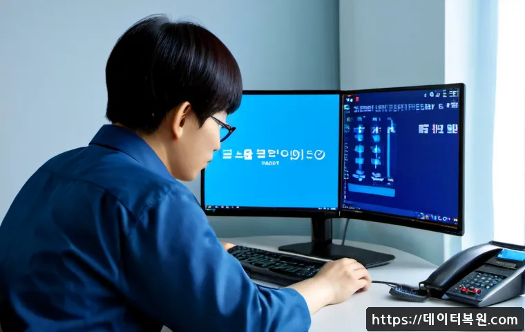 덕양구 STATUS_KERNEL_HANDLE_INVALID - Photorealistic remote IT support workstation in a modern Deogyang-gu apartment office, dual monitors...