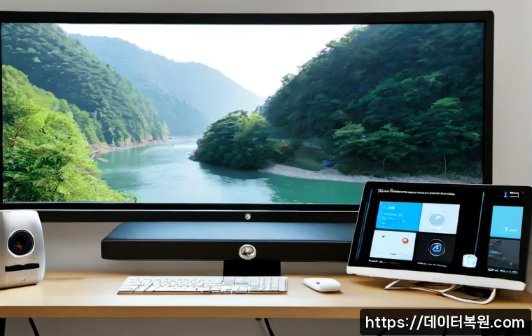 동빙고동 STATUS_IMAGE_ACCESS_DENIED - Photorealistic remote support workstation in a calm riverside apartment near a wooded hillside, dual...