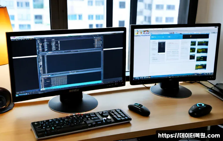 서교동 입력신호가 없습니다 - Photorealistic remote-support workstation in a compact Seogyo-dong creative studio, dual monitors wi...