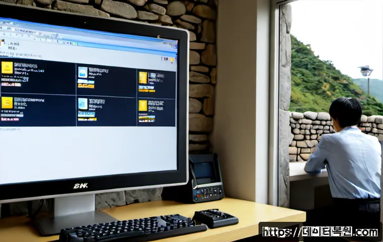 현저동 STATUS_FILE_WRITE_FAILURE - Photorealistic IT support workstation in a compact hillside apartment office, desktop monitor showin...