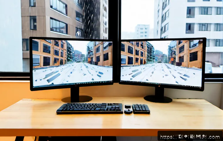 양화동 KERNEL_MODE_HEAP_CORRUPTION - Photorealistic creative workstation in a compact Yanghwa-dong design studio, dual monitors showing a...