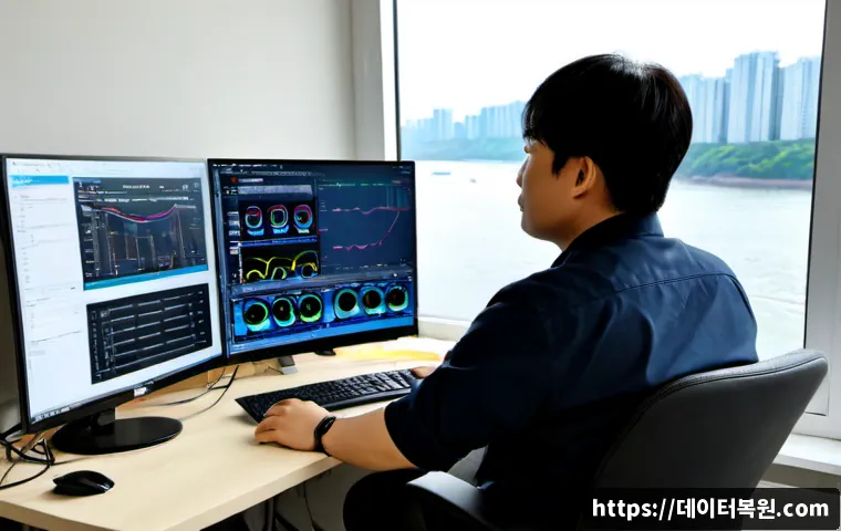 반포동 STATUS_KERNEL_MODE_EXCEPTION - Photorealistic IT support workstation in a refined Banpo apartment office, dual monitors showing abs...