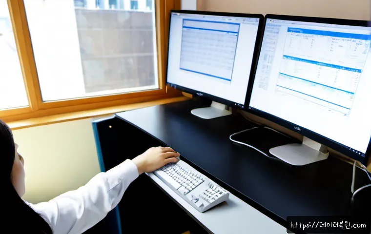 원서동 STATUS_FILE_CORRUPTION - Photorealistic remote-support workstation in a quiet Wonso-dong apartment studio, dual monitors show...