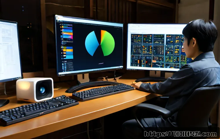 사간동 STATUS_PAGEFILE_MISSING - Photorealistic desktop support workstation in a quiet historic Seoul neighborhood office, dual monit...
