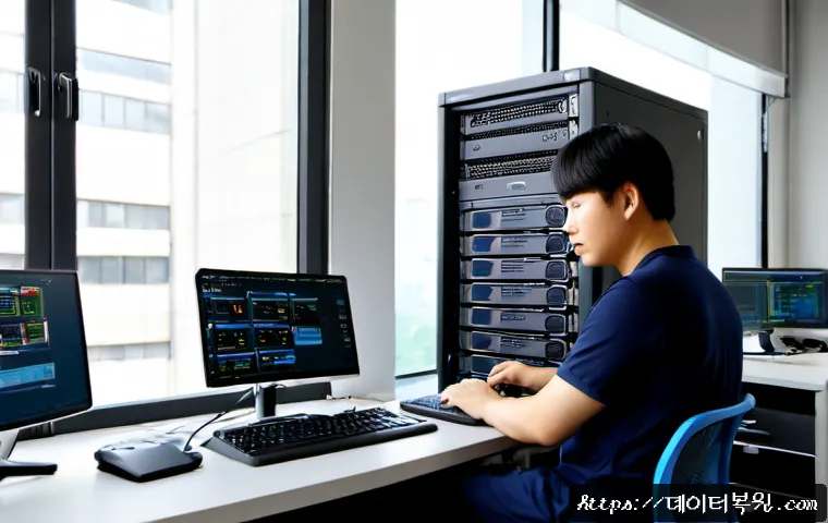 금천구 파일서버출장방문수리점 - Photorealistic onsite file server repair inside a compact Geumcheon-gu industrial office, technician...