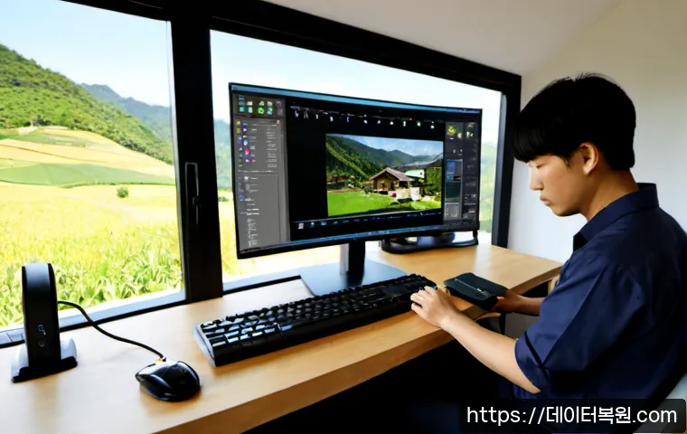 퇴촌면 중고컴퓨터 pc 출장판매설치 - Photorealistic rural home office workstation installation, technician connecting a refurbished deskt...