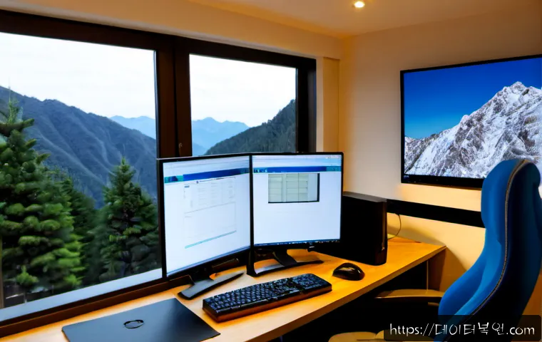 설악면 STATUS_KERNEL_PERMISSION_DENIED - Photorealistic remote-support workstation in a quiet Seorak-myeon home office, dual monitors showing...