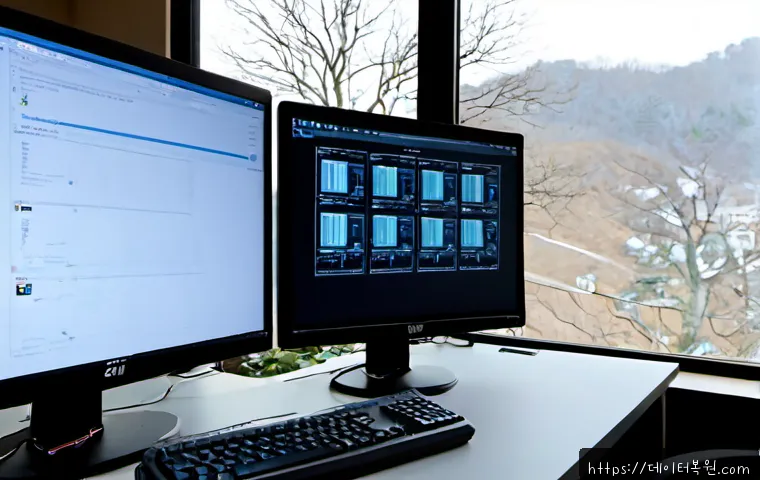 홍제동 STATUS_KERNEL_THREAD_INTERRUPTED - Photorealistic IT support workstation in a quiet hillside neighborhood office, dual monitors showing...