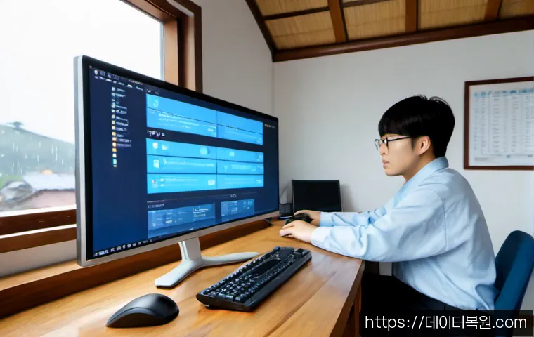 필운동 STATUS_KERNEL_SECURITY_CHECK - Photorealistic IT support workstation in a compact Pilun-dong office, dual monitors with one display...
