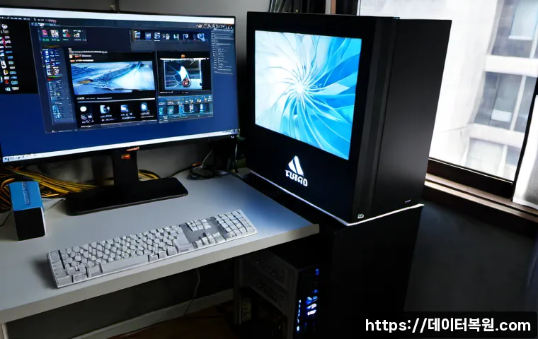 관철동 THREAD_STUCK_IN_DEVICE_DRIVER - Photorealistic IT support workstation in a compact Jongno office, dual monitors showing a frozen abs...