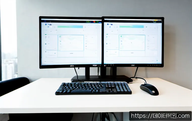 수색동 STATUS_DEVICE_OFFLINE - Photorealistic IT support workstation in a compact Susaek neighborhood office, dual monitors showing...