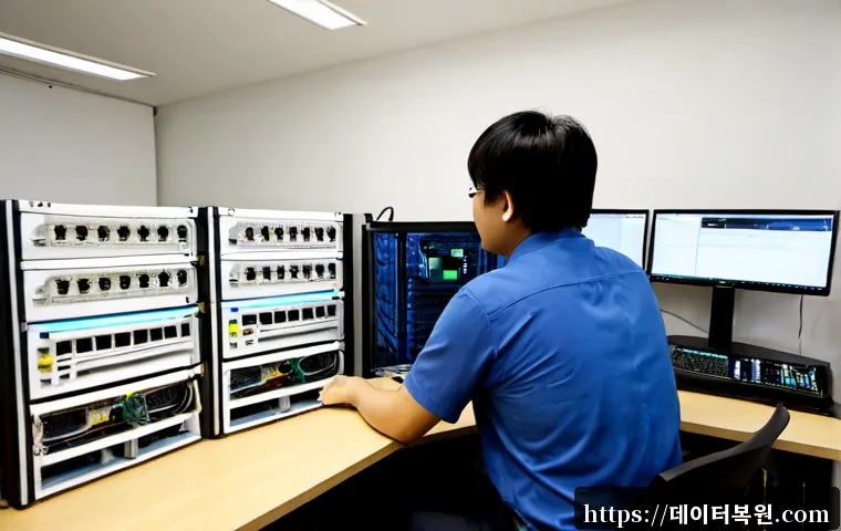 회현동 네트워크구축 설정 및 세팅오류해결 - Photorealistic IT support workstation in a compact Hoehyeon-dong office, technician configuring a wi...