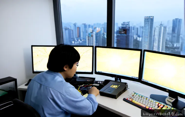창동 HARDWARE_INTERRUPT_STORM - Photorealistic IT technician diagnosing a powerful desktop workstation suffering from a hardware int...