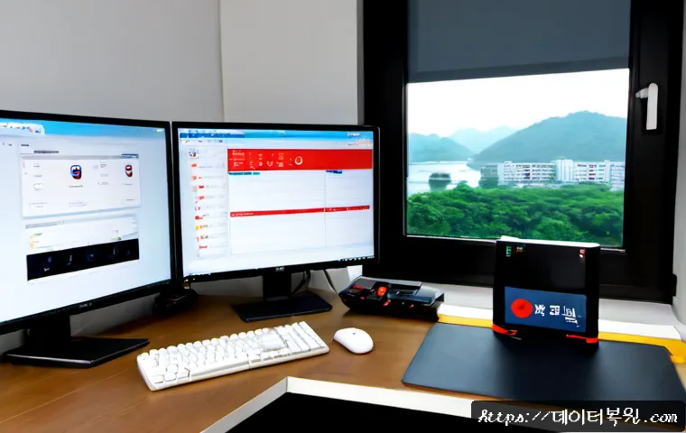 덕은동 STATUS_DISK_FULL - Photorealistic remote-support workstation in a modern Deogeun-dong apartment office, desktop monitor...