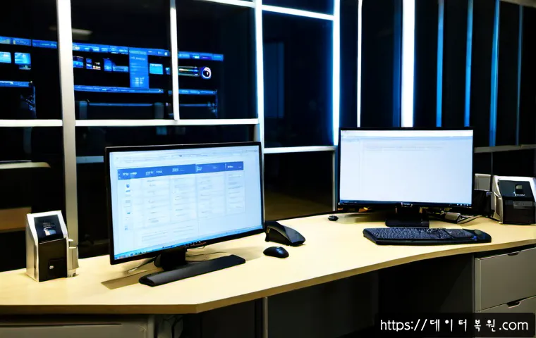 천호동 STATUS_KERNEL_ACCESS_DENIED - Photorealistic IT support workstation in a compact riverside district office, dual monitors showing ...