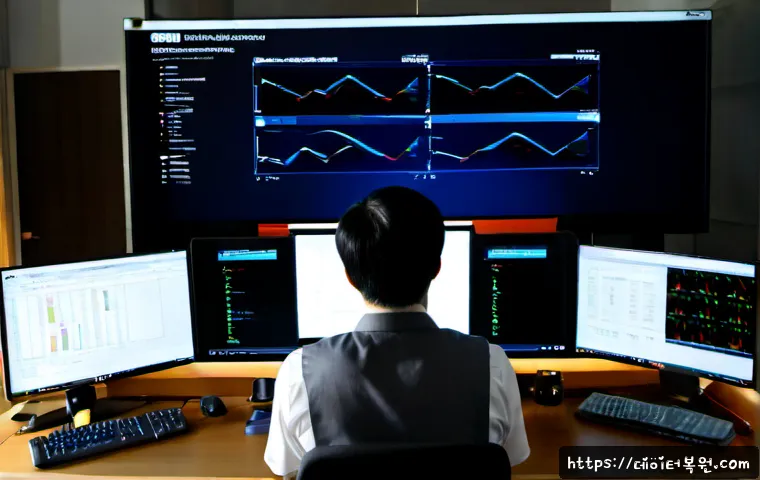 증산동 POOL_HEADER_CORRUPTION - Photorealistic IT support workstation in Eungam-dong, Seoul, dual monitors showing a generic 3D memo...