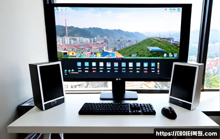 북아현동 NTLDR is compressed - Photorealistic IT technician workstation in a compact hillside apartment office, dual monitors showi...
