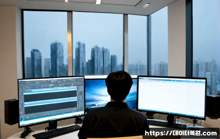 상암동 프로그램응답없음 - Photorealistic media-production workstation in Sangam digital district, frustrated editor facing a f...