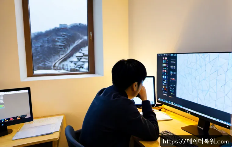 청파동 컴퓨터멈춤 - Photorealistic workstation scene in a compact Cheongpa-dong apartment office, frustrated designer fa...