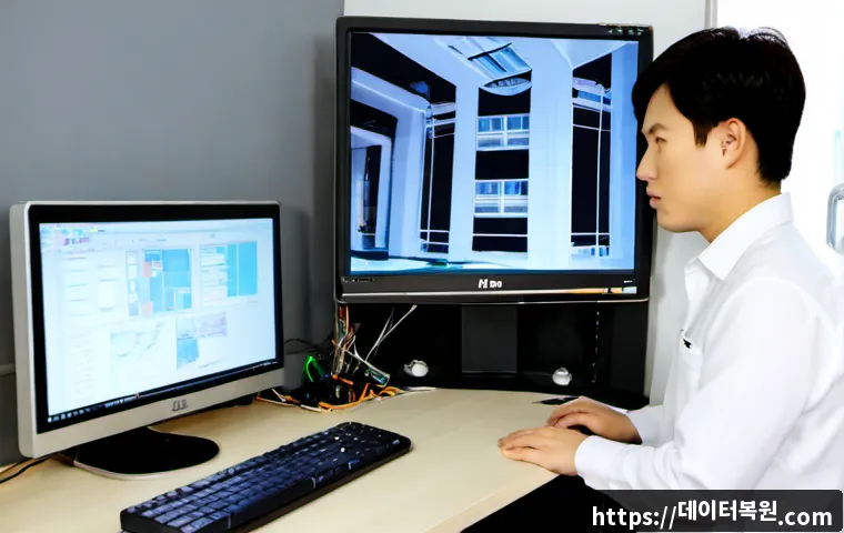 조원동 워크스테이션출장방문수리점 - Photorealistic workstation repair technician servicing a powerful dual-monitor desktop in a compact ...