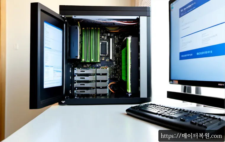 원흥동 컴퓨터업그레이드 - Photorealistic computer upgrade service desk in a compact Wonheung-dong apartment home office, techn...