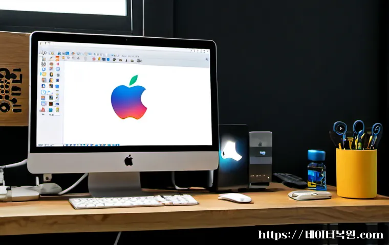 낙원동 macosX재설치 포맷  초기화 - Photorealistic Apple-style all-in-one desktop at a compact Nakwon-dong repair workstation, blank mac...