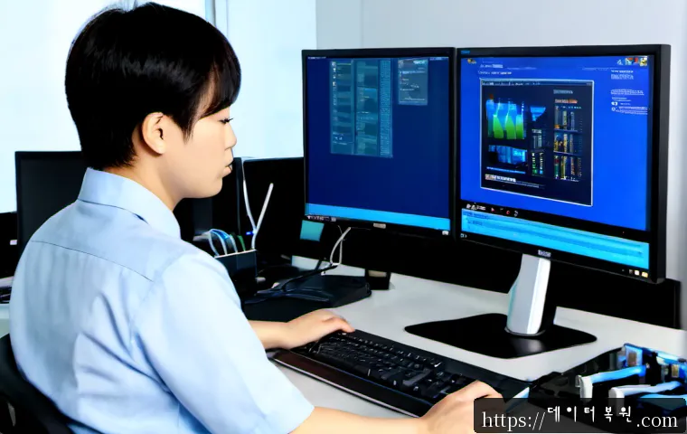 원문동 KERNEL_MODE_HEAP_CORRUPTION - Photorealistic IT support workstation in a modern office near a quiet Korean residential district, d...