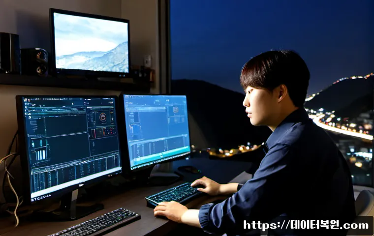 산천동 STATUS_INVALID_DISPOSITION - Photorealistic remote-support workstation in a compact hillside apartment, dual monitors showing abs...