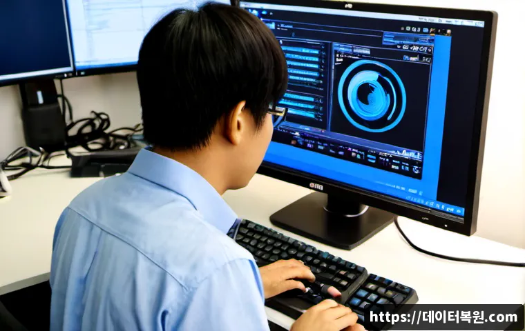 만리동 SYSTEM_THREAD_EXCEPTION_NOT_HANDLED - Photorealistic IT support workstation in a compact Mangni-dong office, desktop monitor showing a blu...