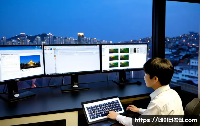 주교동 SESSION_HAS_VALID_VIEWS_ON_EXIT - Photorealistic Korean software engineer in a compact Juggyeo-dong office, reviewing a multi-panel de...