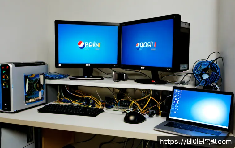 봉익동 KERNEL_STACK_INPAGE_ERROR - Photorealistic computer repair workstation in a compact Bongik-dong apartment office, dual monitors ...