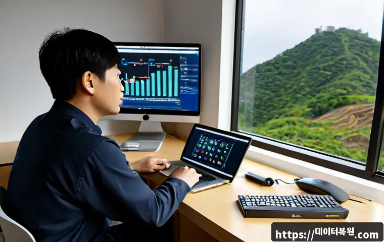 마천동 STATUS_DISK_WRITE_FAILURE - Photorealistic remote IT support workstation in a compact apartment office near a quiet hillside nei...