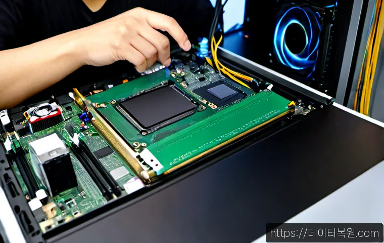 입정동 VGA조립 및 교체수리 - Photorealistic PC repair workstation in a compact Euljiro-style electronics workshop, technician car...