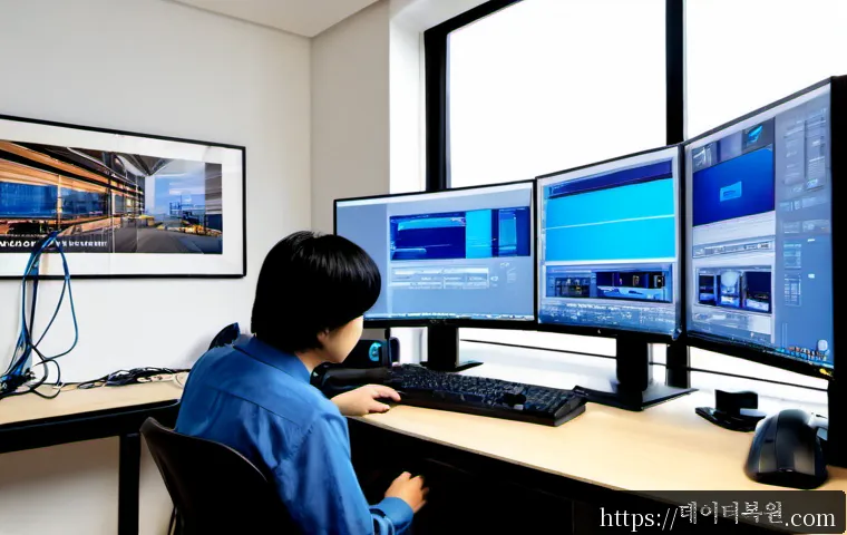 개봉동 SESSION3_INITIALIZATION_FAILED - Photorealistic IT support workstation in a compact Guro-gu apartment office, dual monitors showing a...