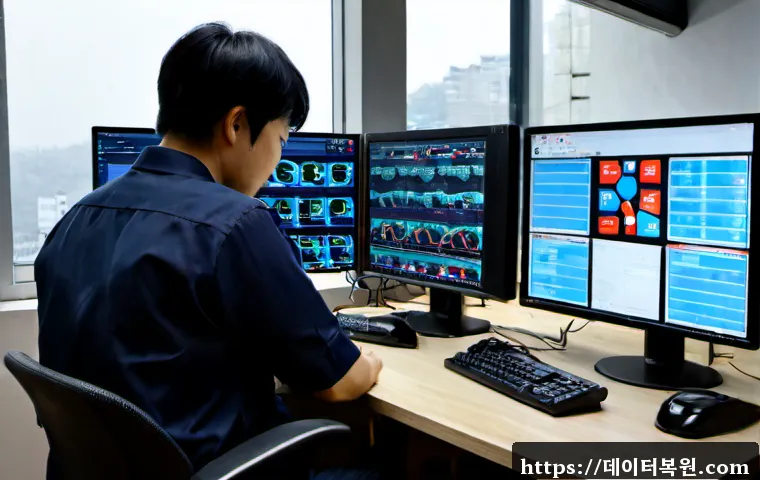 적선동 STATUS_KERNEL_LOG_FAILURE - Photorealistic IT support workstation in a compact Jongno-style office near old stone alleys, dual m...