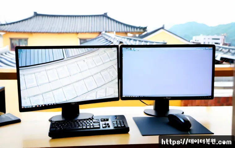합정동 STATUS_NO_MEMORY - Photorealistic compact creative workstation in Hapjeong-dong, dual monitors displaying abstract CAD-...