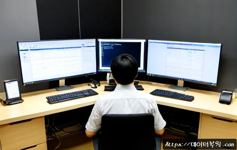 관철동 PFN_LIST_CORRUPT - Photorealistic IT support workstation in a compact Jongno office, dual monitors showing a clean unbr...