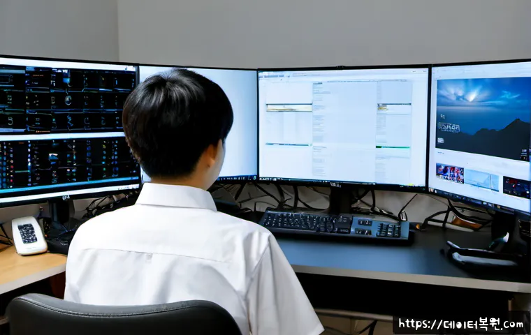 가리봉 STATUS_KERNEL_EXECUTION_ERROR - Photorealistic remote-support workstation in Garibong, Seoul, an IT technician studying a dual-monit...