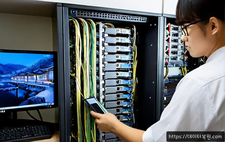 덕은동 ftp서버출장방문수리점 - Photorealistic IT technician repairing a rack-mounted FTP server in a compact Deogeun-dong office, o...