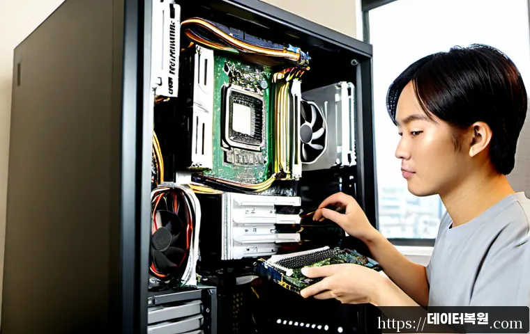 현천동 컴퓨터업그레이드 - Photorealistic desktop computer upgrade service in a compact modern workshop, technician installing ...